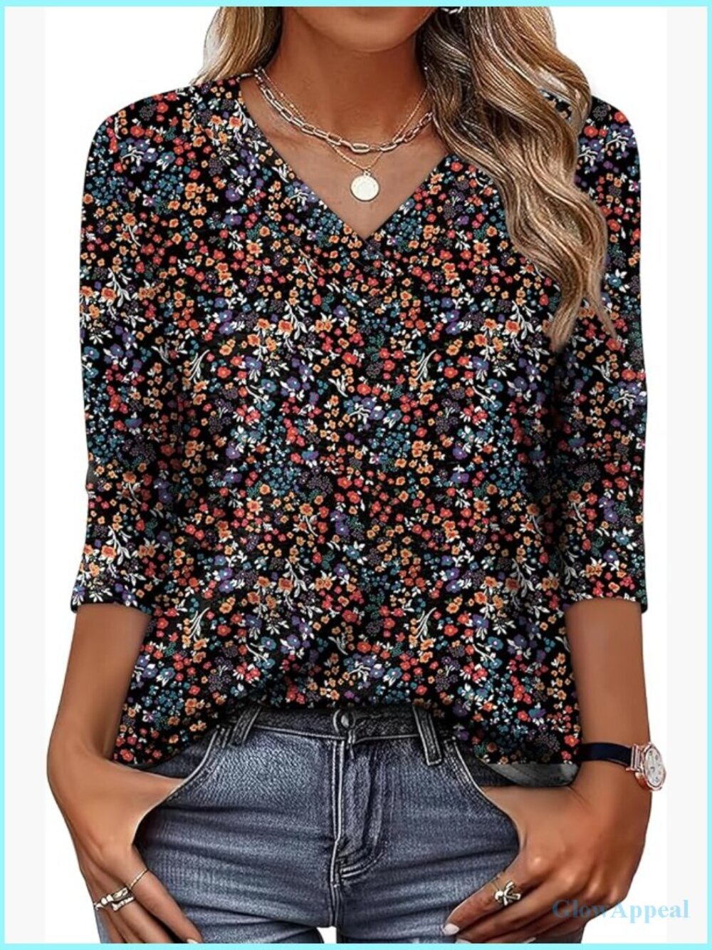 3/4 Sleeve V Neck Blouse Loose Fit Dressy Casual Tunic Top